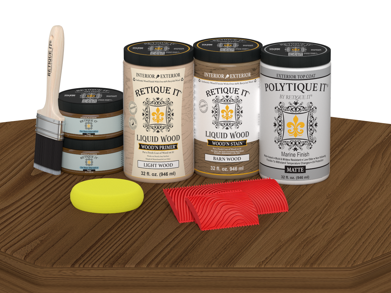 Retique It® Modern Walnut Wood Kit with primer, stains, matte topcoat, brush, yellow sponge, and red graining tools.