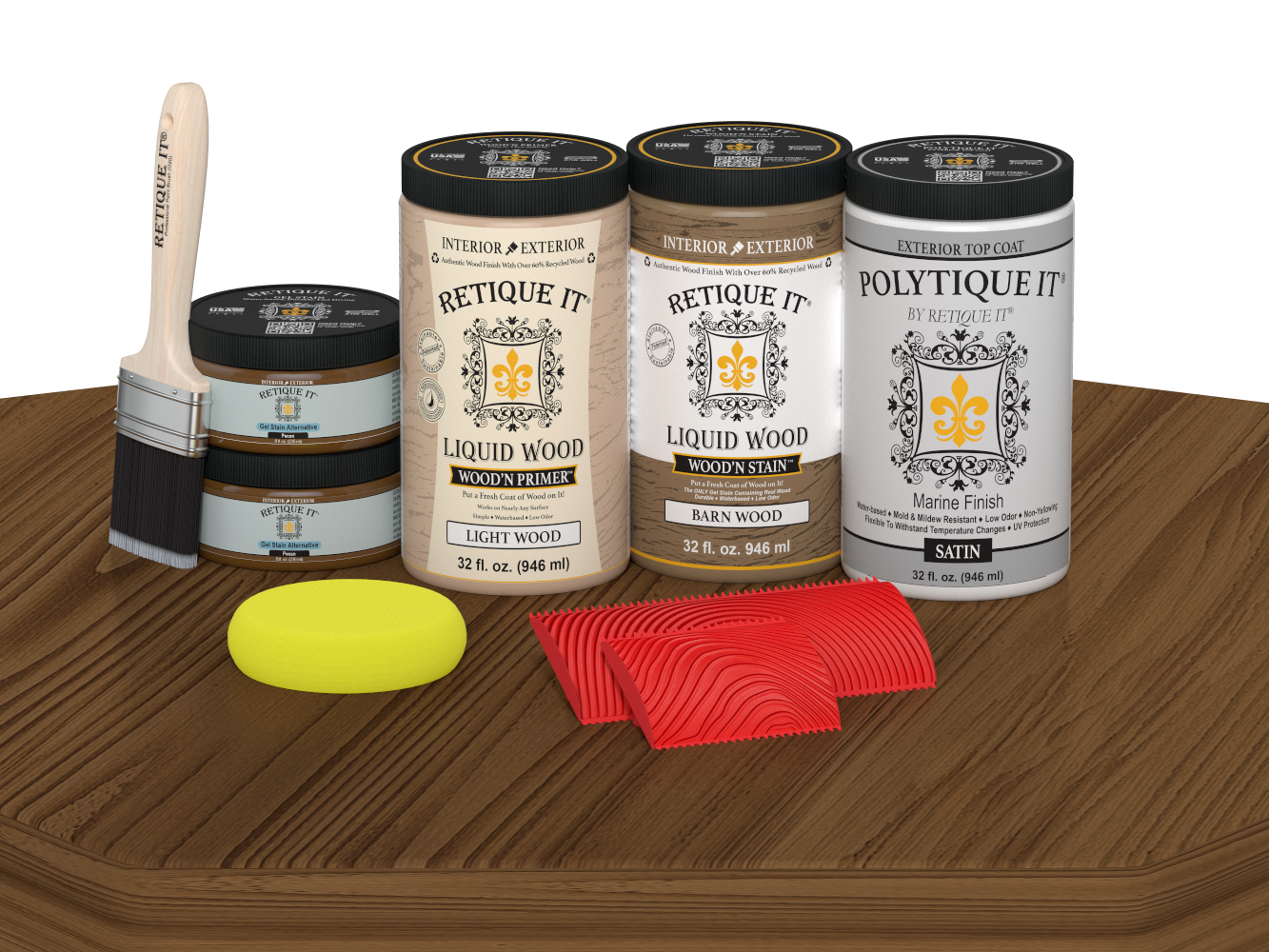 Retique It® Modern Walnut Wood Kit with primer, stains, satin topcoat, brush, yellow sponge, and red graining tools.