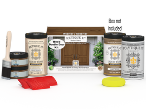 Retique It® Modern Walnut Wood Double Door Kit with primer, stain, matte topcoat, brush, yellow sponge, red graining tool set, and packaging.