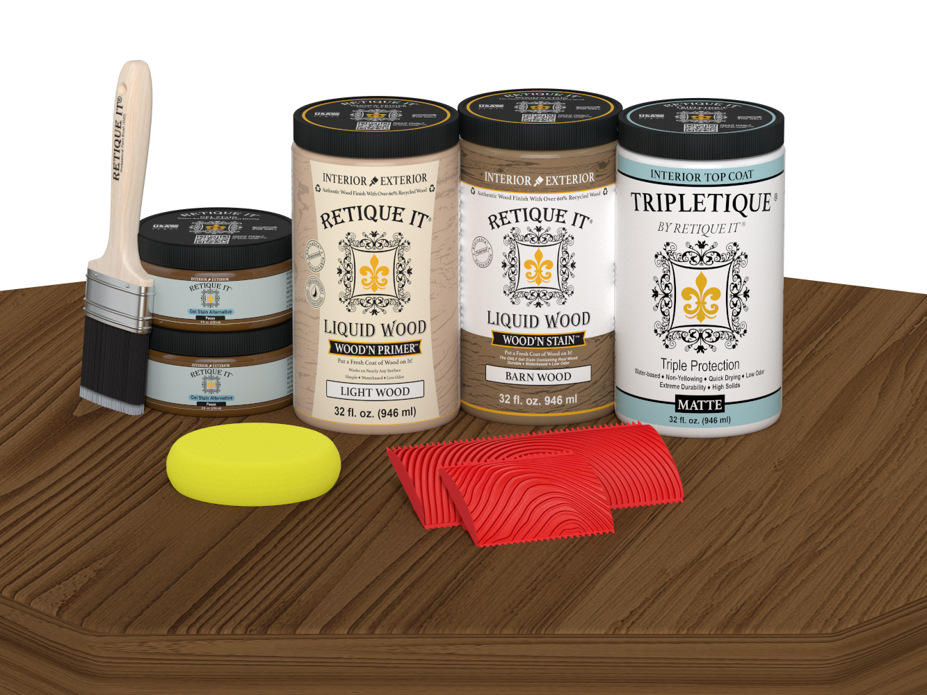 Retique It® Modern Walnut Wood Kit with primer, stains, matte topcoat, brush, roller, yellow sponge, and red graining tools.