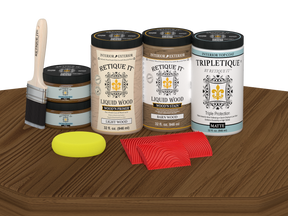 Retique It® Modern Walnut Wood Kit with primer, stains, matte topcoat, brush, roller, yellow sponge, and red graining tools.