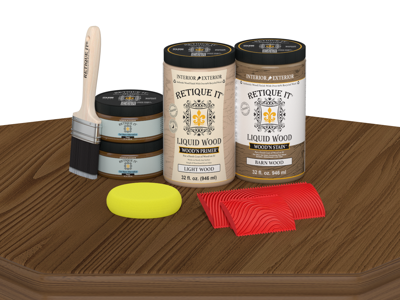 Retique It® Modern Walnut Wood Kit with primer, stain, brush, yellow sponge, and red graining tools on a wood tabletop.