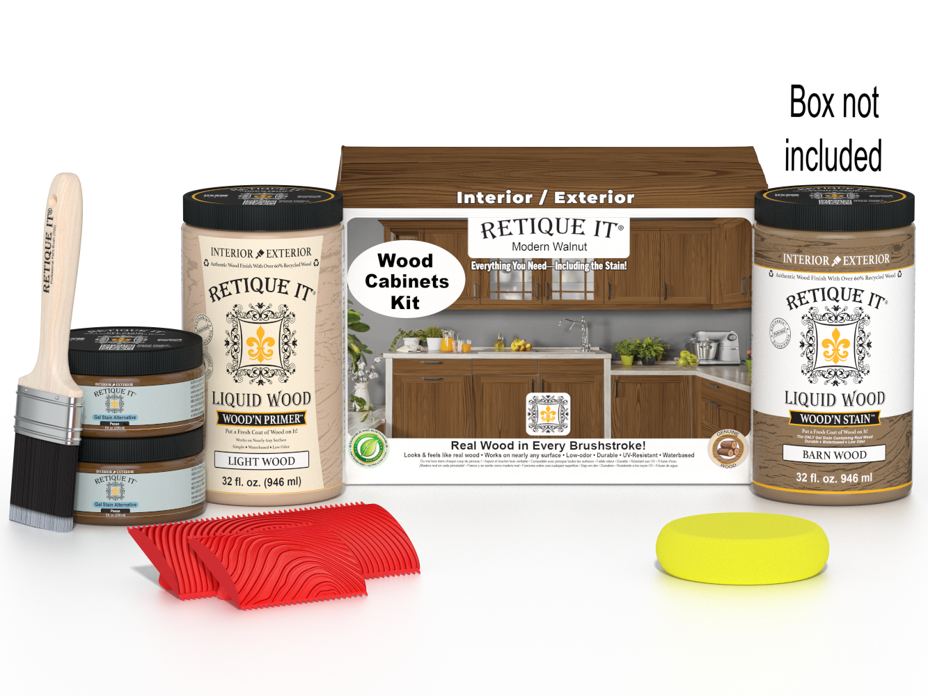 Retique It® Modern Walnut Wood Cabinets Kit with primer, stain, brush, roller, yellow sponge, red graining tools, and packaging.