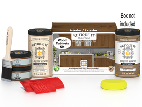 Retique It® Modern Walnut Wood Cabinets Kit with primer, stain, brush, roller, yellow sponge, red graining tools, and packaging.