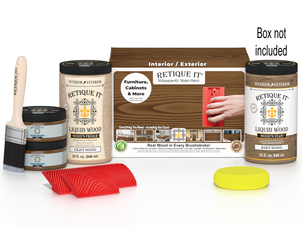 Large Modern Walnut Wood'n Finish Kit by Retique It® featuring wood finishing supplies in a box.