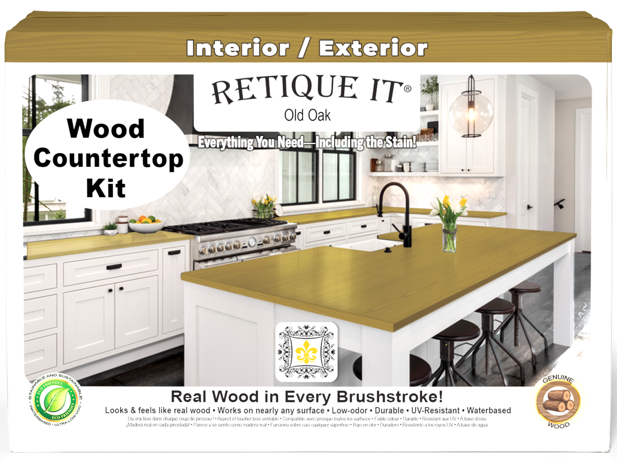 Retique It® Old Oak countertop kit with stains, showcasing a natural wood finish for full kitchen countertop transformation.
