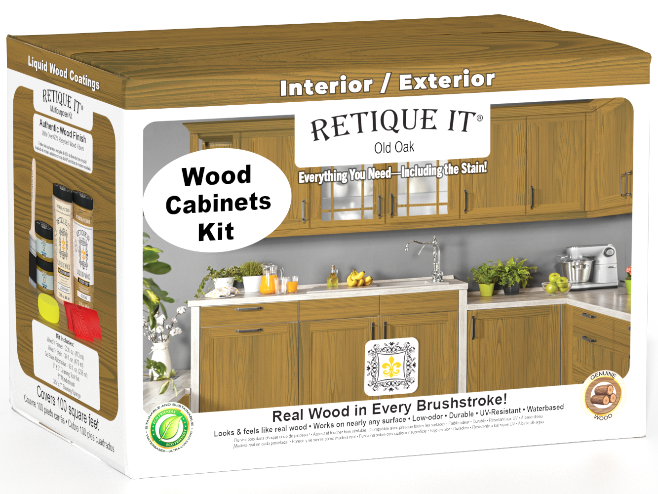 Retique It Wood'n Cabinet Kit in Old Oak stain featuring 12 grained cabinet doors with a natural wood finish.