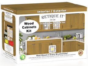 Retique It Wood'n Cabinet Kit in Old Oak stain featuring 12 grained cabinet doors with a natural wood finish.