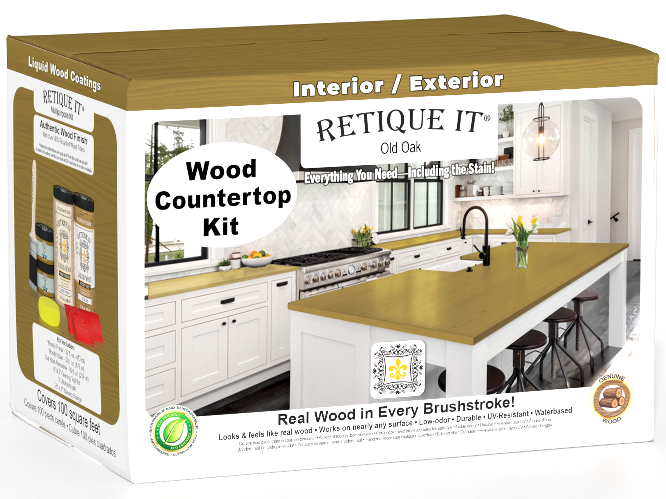 Retique It® Old Oak countertop kit with stains, featuring natural wood grain and full kitchen installation details.