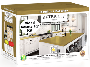 Retique It® Old Oak countertop kit with stains, featuring natural wood grain and full kitchen installation details.