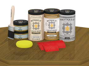 Retique It Wood'n Finish Front Door Kit (Double) in Old Oak stain with glossy finish, displayed on a table.