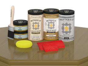 Large Old Oak Wood'n Finish Kit with gloss exterior top coat by Retique It® for wood projects, featuring brushes and finishing supplies.