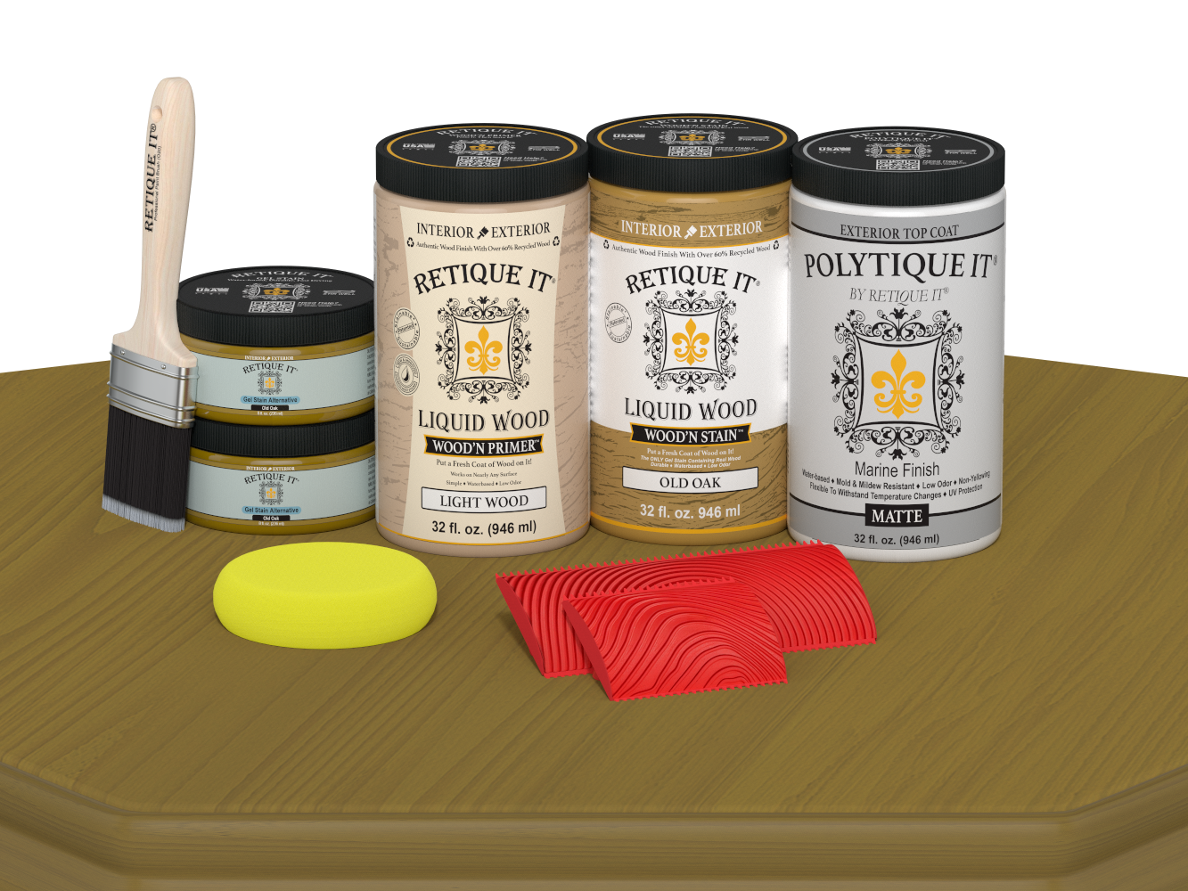 Large Old Oak Wood'n Finish Kit by Retique It® with matte top coat, including wood stain and finishing supplies for furniture.