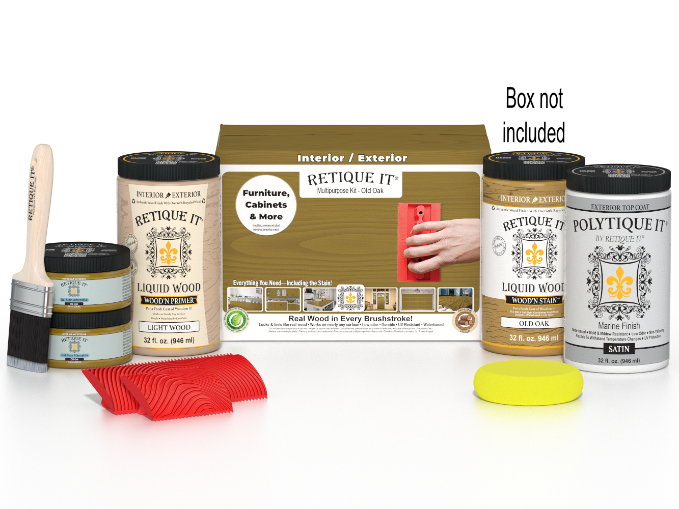 Large Old Oak Wood'n Finish Kit by Retique It® with exterior top coat and tools in a box for multi-purpose wood finishing projects.