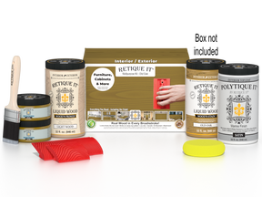 Large Old Oak Wood'n Finish Kit by Retique It® with exterior top coat and tools in a box for multi-purpose wood finishing projects.