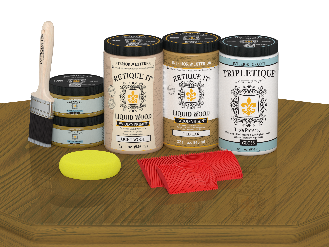 Retique It® Wood'n Cabinet Kit in Old Oak stain with gloss finish, featuring 12 grained cabinet doors on a table.