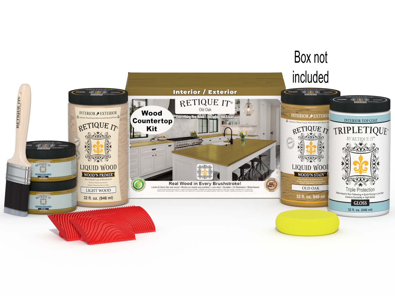 Retique It® Old Oak countertop kit with stain, showing a full kitchen countertop featuring warm oak wood finish and natural grain details.