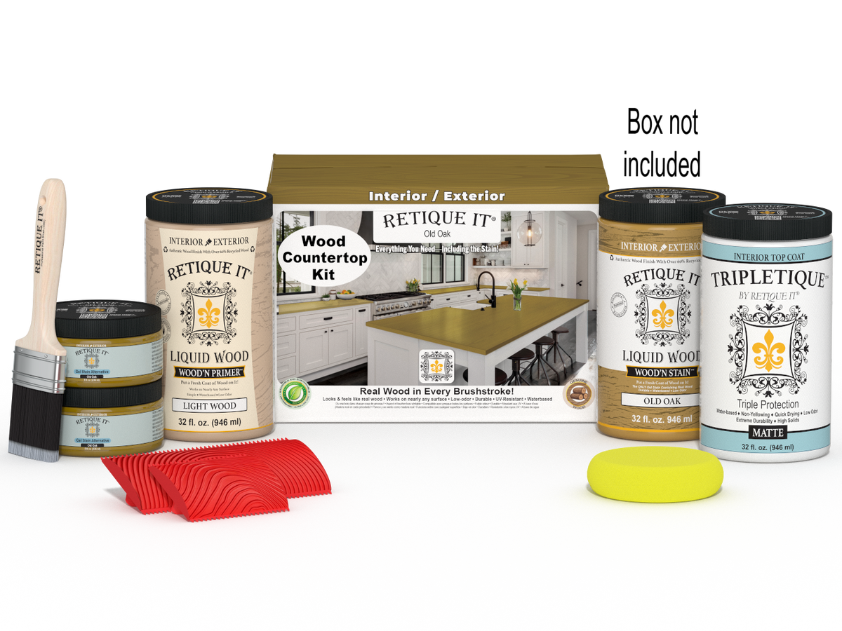 Retique It® Old Oak countertop kit with stains, featuring a full kitchen setup and a box of staining supplies.