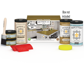 Retique It® Old Oak countertop kit with stain, showing a full kitchen setup featuring natural wood grain and finishing details.