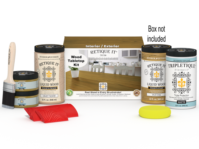 Retique It Wood'n Finish Kit for tabletops in Old Oak stain, includes four large stain bottles for wood finishing projects.
