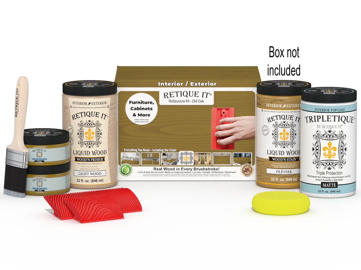 Large Old Oak Wood'n Finish Kit by Retique It® for interior top coating, includes wood finish products and tools shown in the image.