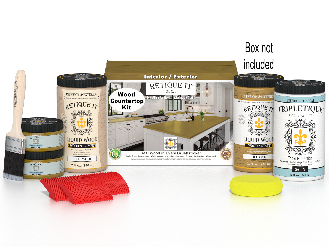 Retique It® Old Oak countertop kit with stain, showing a full kitchen setup featuring natural wood grain and countertop details.