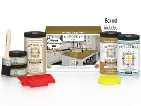Retique It® Old Oak countertop kit with stain, showing a full kitchen setup featuring natural wood grain and countertop details.