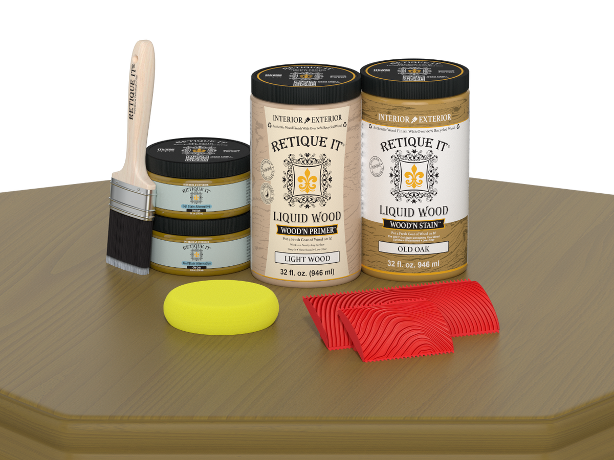 Retique It Wood'n Cabinet Kit in Old Oak stain showing 12 grained cabinet doors with a natural wood finish.