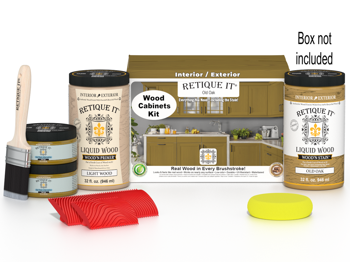 Retique It® Wood'n Cabinet Kit in Old Oak with 12 grained stained cabinet doors and matching box, showcasing natural wood finish.