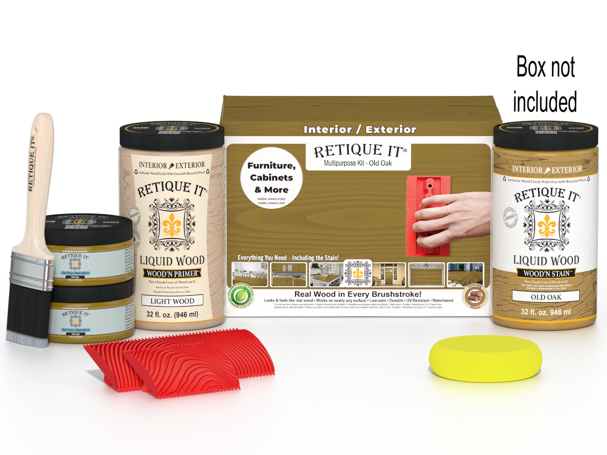 Large Old Oak Wood'n Finish Kit by Retique It® featuring wood stain and finishing supplies in a sturdy box.