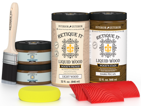 Dark Pecan wood grain stain kit for cabinets, featuring 12 door panels and natural textured wood finish by Retique It®.