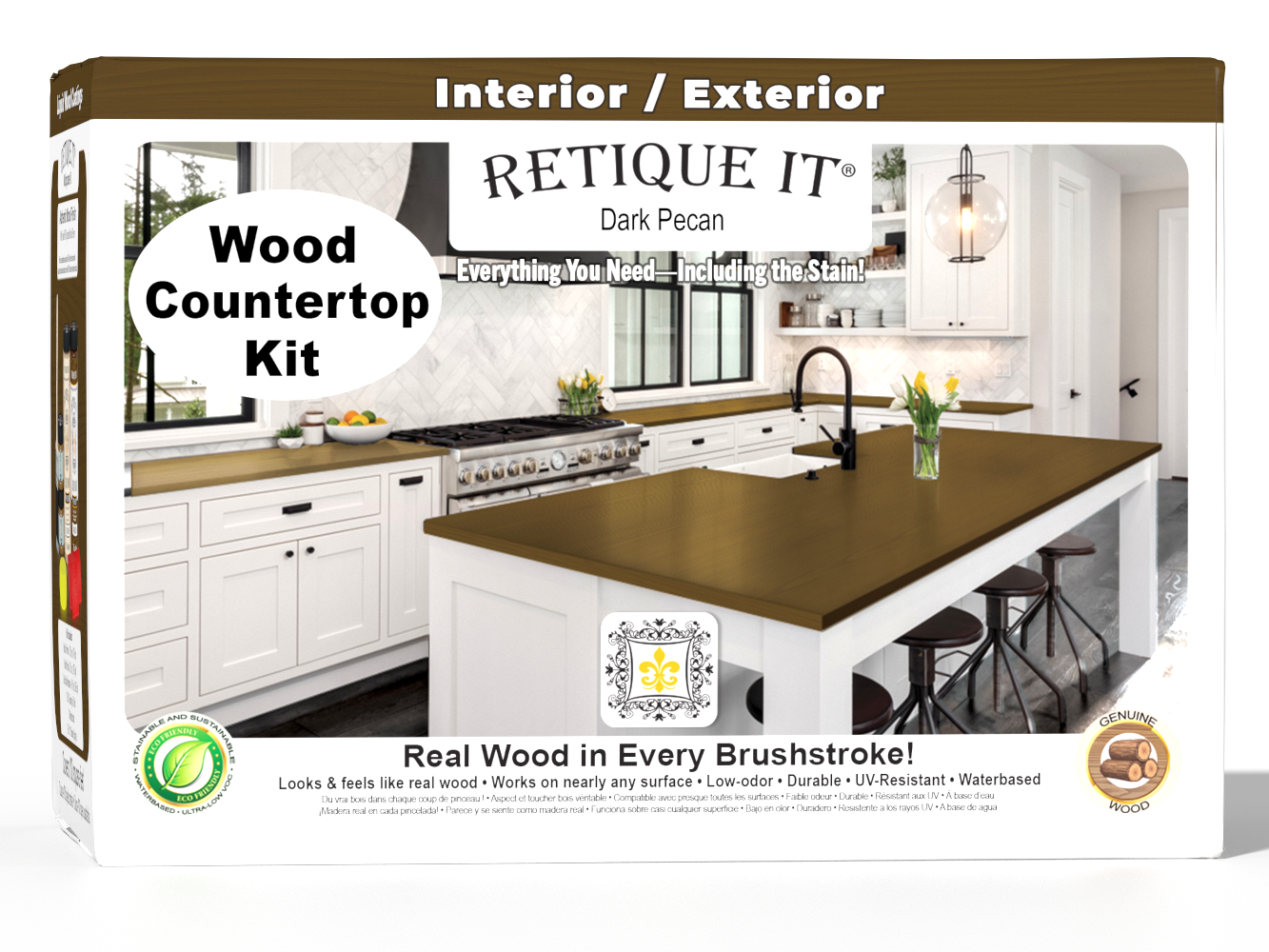 Retique It® dark Pecan countertop kit with stain bottles, brushes, and application tools for full kitchen renovation.