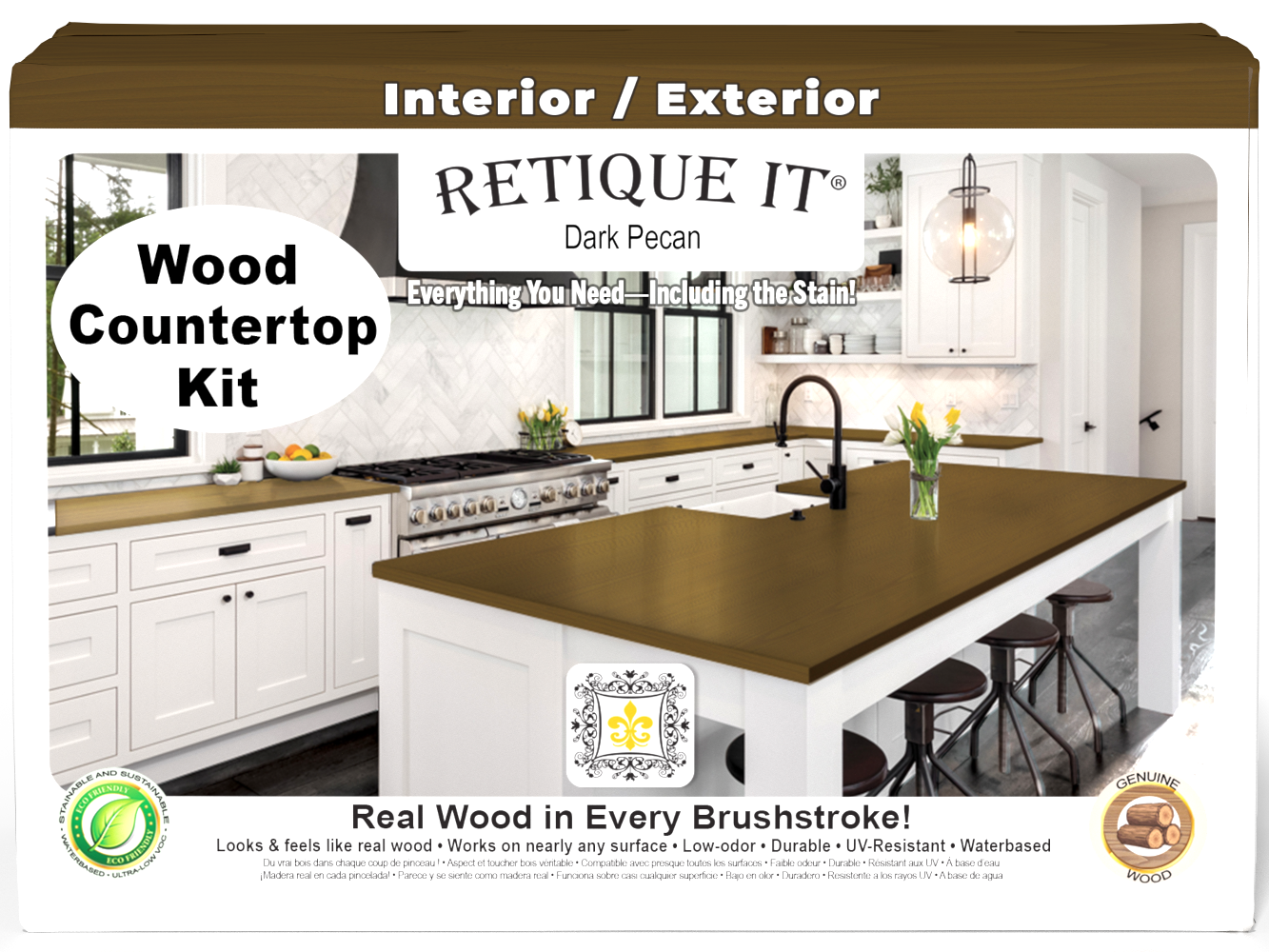 Retique It® Dark Pecan countertop stain kit for full kitchen, showing a modern dark wood finish on a kitchen countertop.