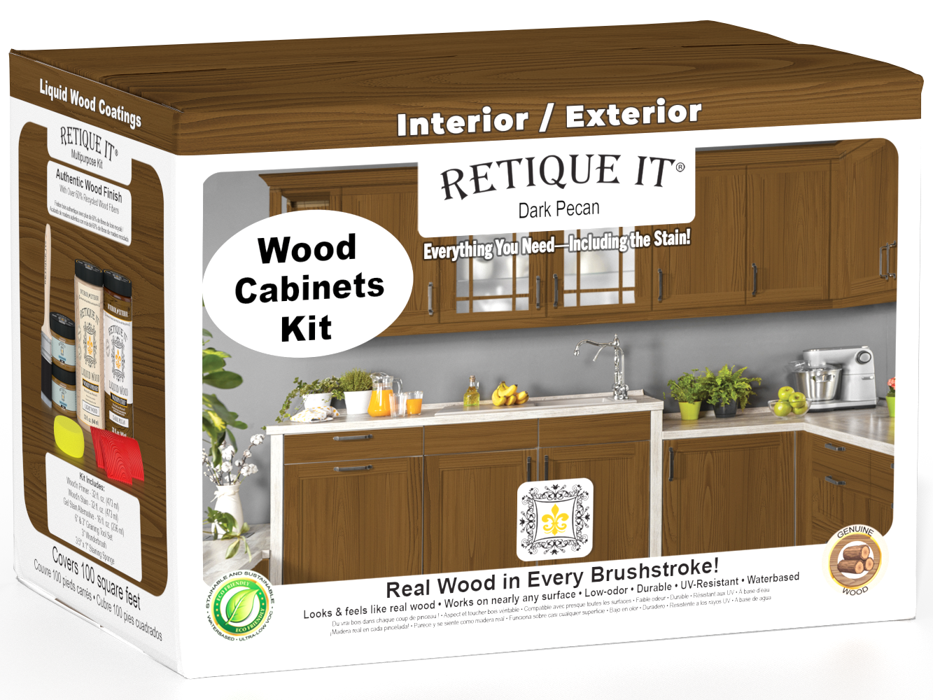 Dark Pecan Wood'n Cabinet Kit by Retique It® with 12 grained cabinet doors and stain finish, showcasing natural wood texture.