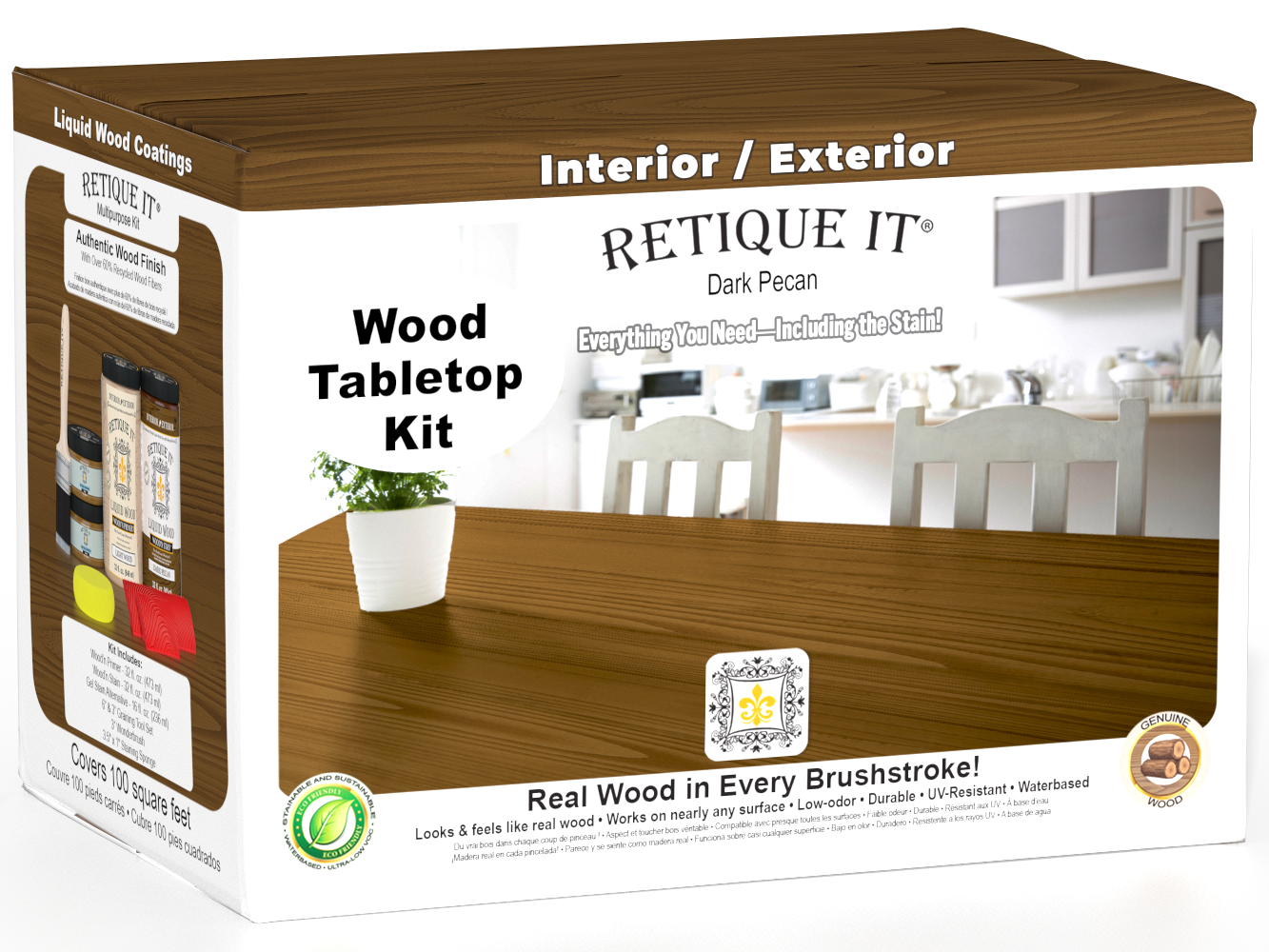 Retique It® Wood'n Finish Kit with four dark pecan stain bottles, ideal for tabletop wood finishing projects.