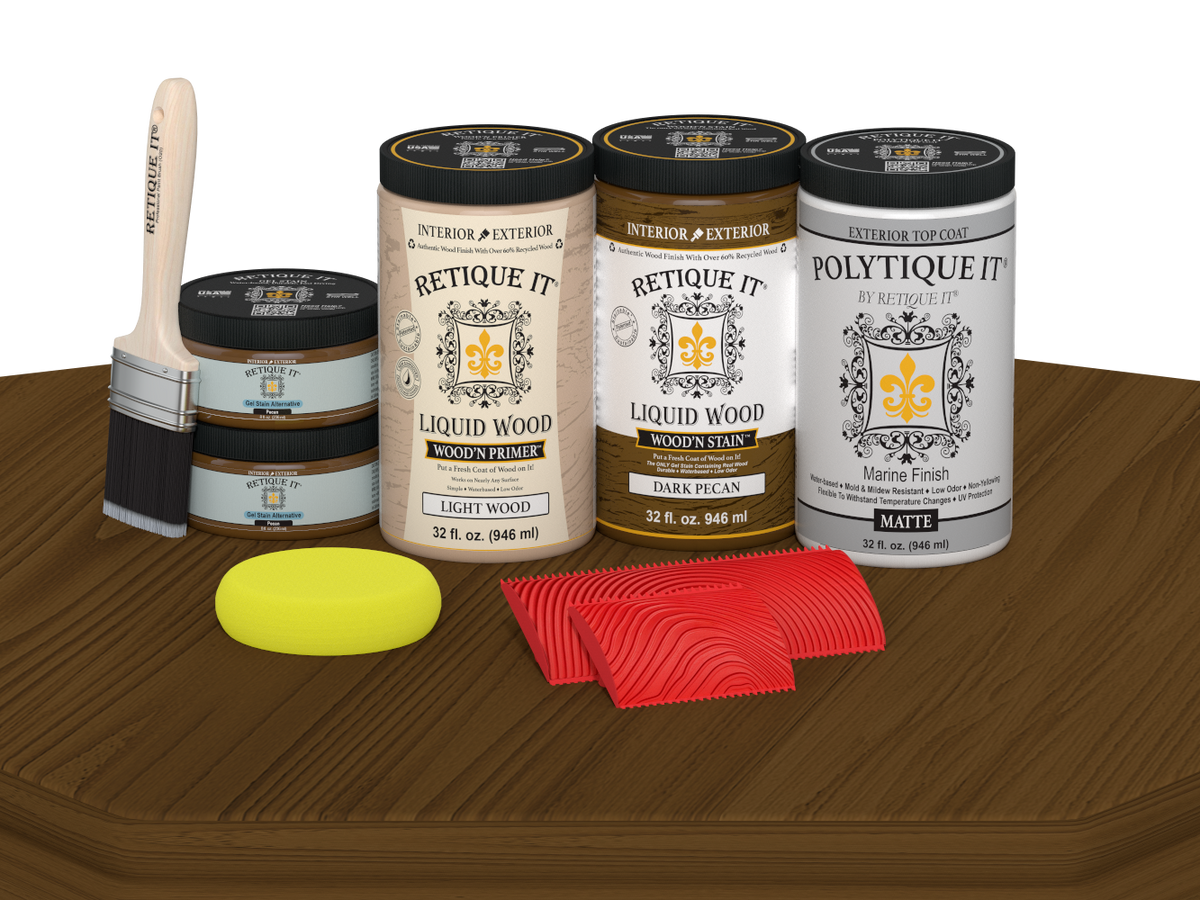 Retique It® Wood'n Finish Double Front Door Kit in Dark Pecan stain with matte finish, displayed on a table.