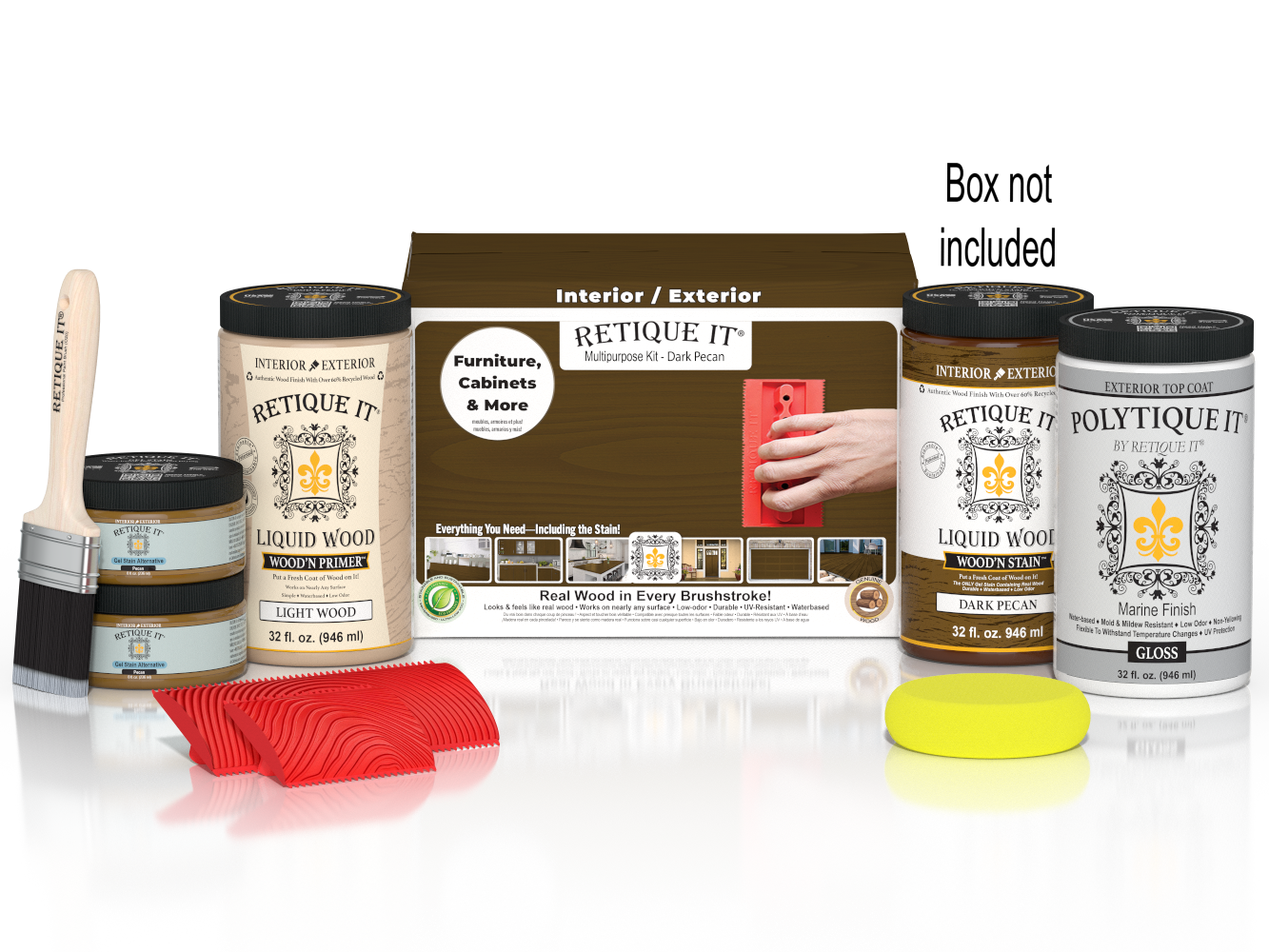Large Dark Pecan Wood'n Finish Kit by Retique It® for exterior top coating, includes wood finish and application tools.