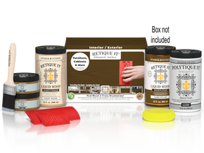 Large Dark Pecan Wood'n Finish Kit by Retique It® for exterior top coating, includes wood finish and application tools.