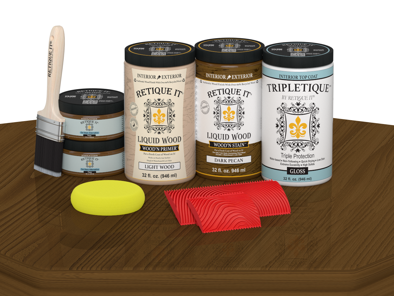 Retique It® Wood'n Cabinet Kit in Dark Pecan stain with 12 grained cabinet doors, glossy finish, shown on a table surface.