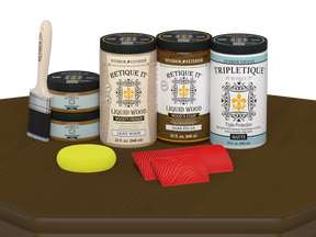 Retique It® dark pecan countertop stain kit for full kitchen surfaces, featuring a matte finish on a countertop.