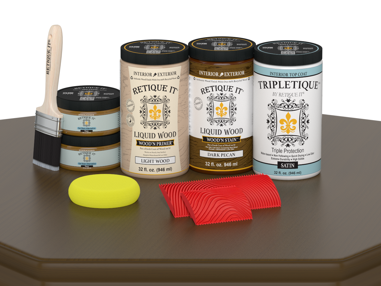 Large Dark Pecan Wood'n Kit interior top coat by Retique It® with satin finish, shown on a wooden table surface.