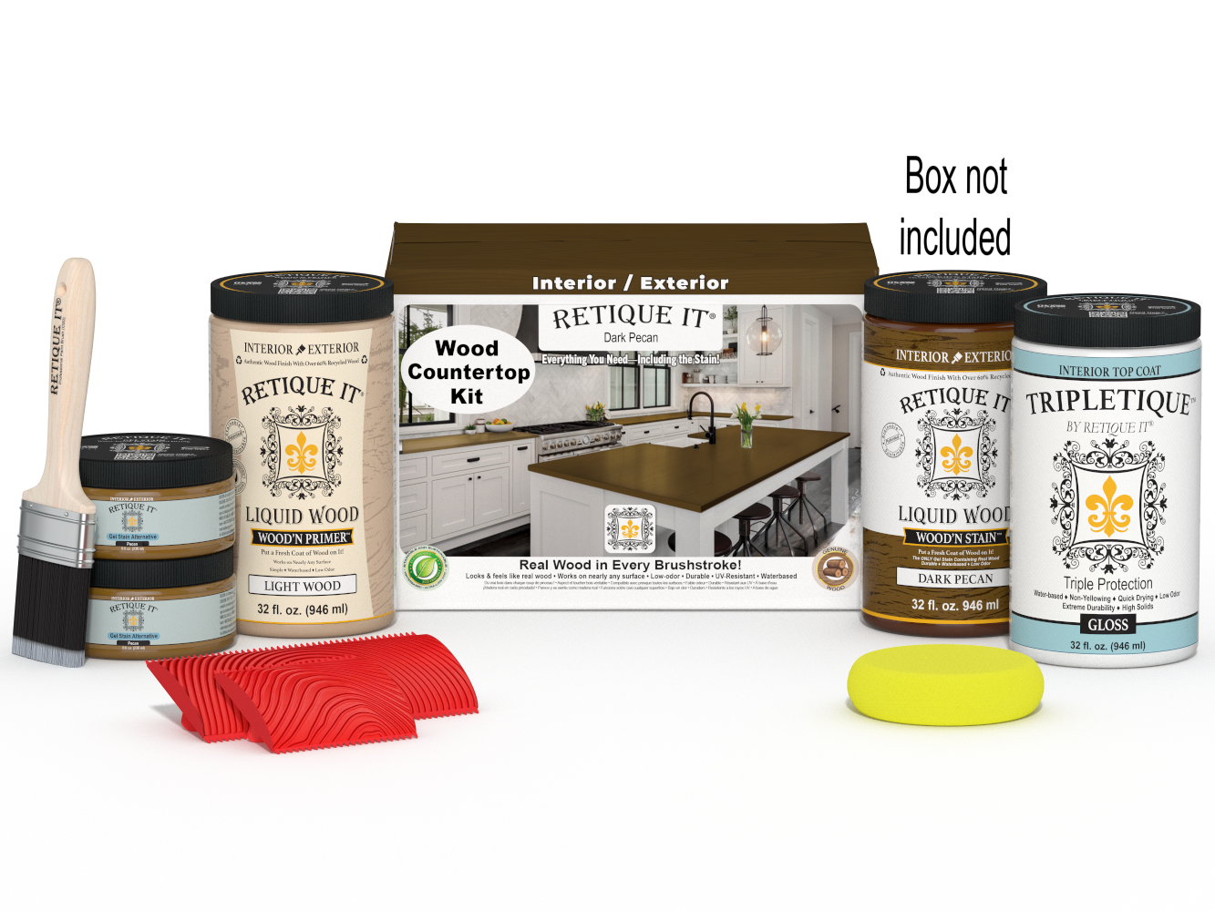 Retique It® Dark Pecan countertop kit stain with full kitchen setup, showcasing natural wood finish on countertops.