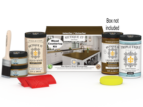 Retique It® Dark Pecan countertop kit stain with full kitchen setup, showcasing natural wood finish on countertops.