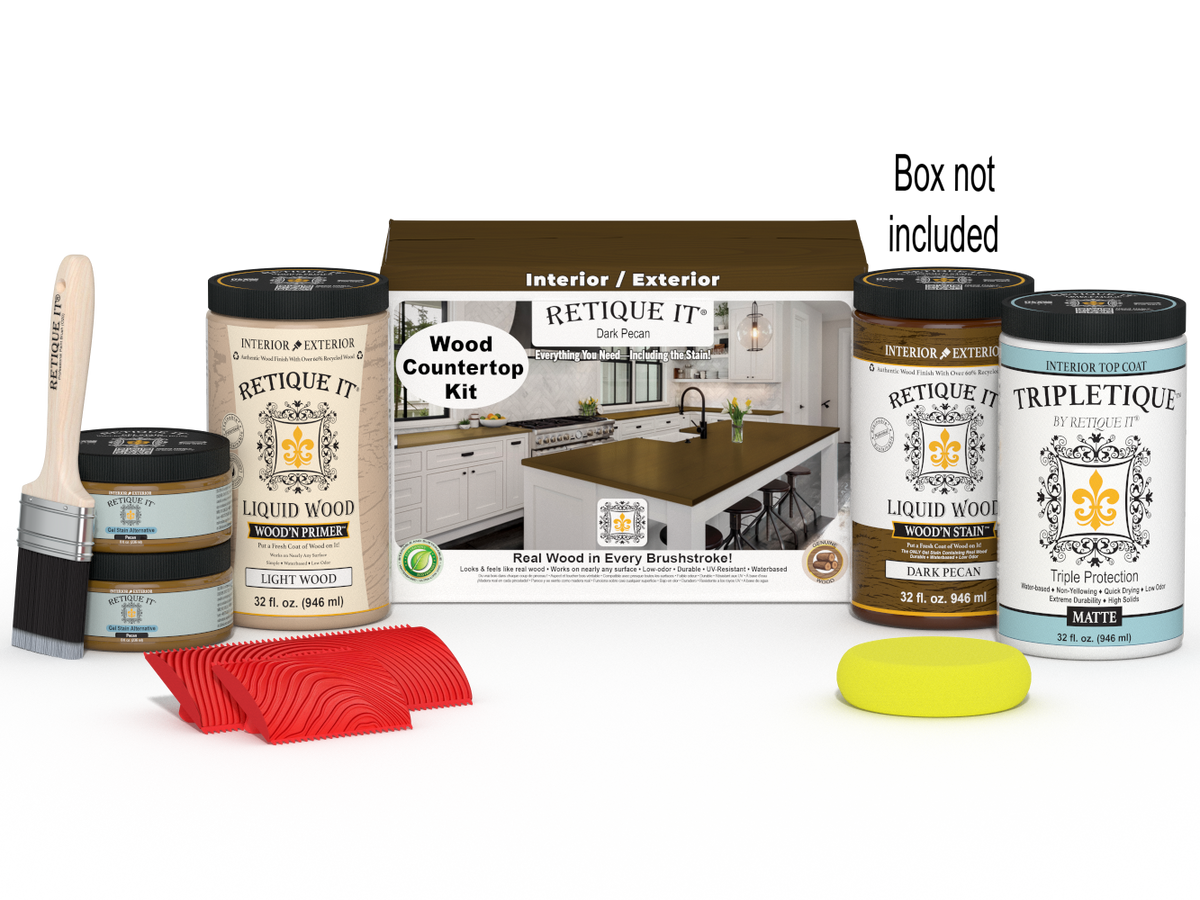 Retique It® dark pecan countertop stain kit with stain bottles and application tools for full kitchen countertop refinishing.