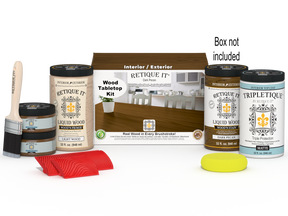 Retique It® Wood'n Finish Kit with four dark pecan stain bottles, designed for tabletop wood finishing projects.