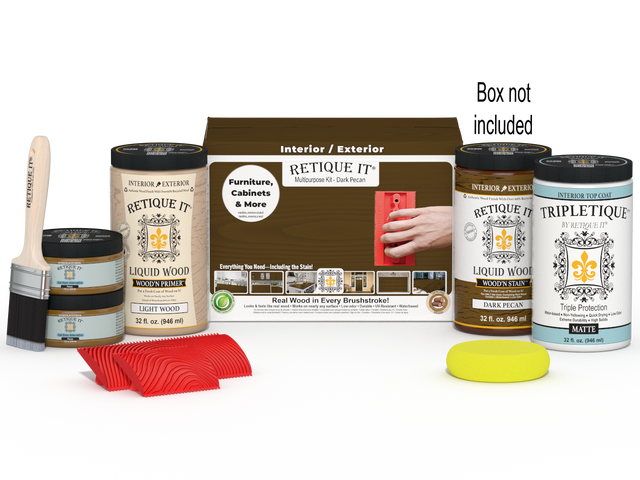 Large Dark Pecan Wood'n Finish Kit by Retique It for interior top coating, includes wood finish and application tools.