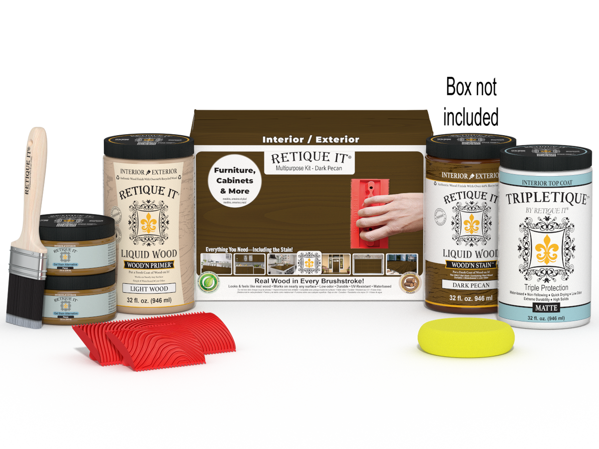 Large Dark Pecan Wood'n Kit Interior Top Coat by Retique It® in a box, includes wood finish supplies and tools for wood projects.