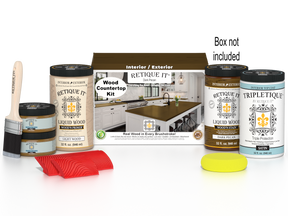 Retique It® dark pecan countertop kit with stain and finishing supplies for full kitchen renovation, shown with box and tools.
