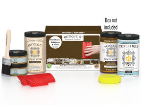 Large Dark Pecan Wood'n Finish Kit by Retique It® with interior top coat and wood finish supplies in a boxed set.