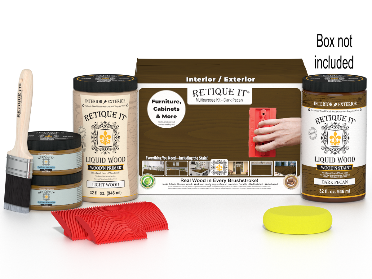 Large Dark Pecan Wood'n Finish Kit by Retique It® for multi-purpose wood finishing projects, includes wood stain and applicators.